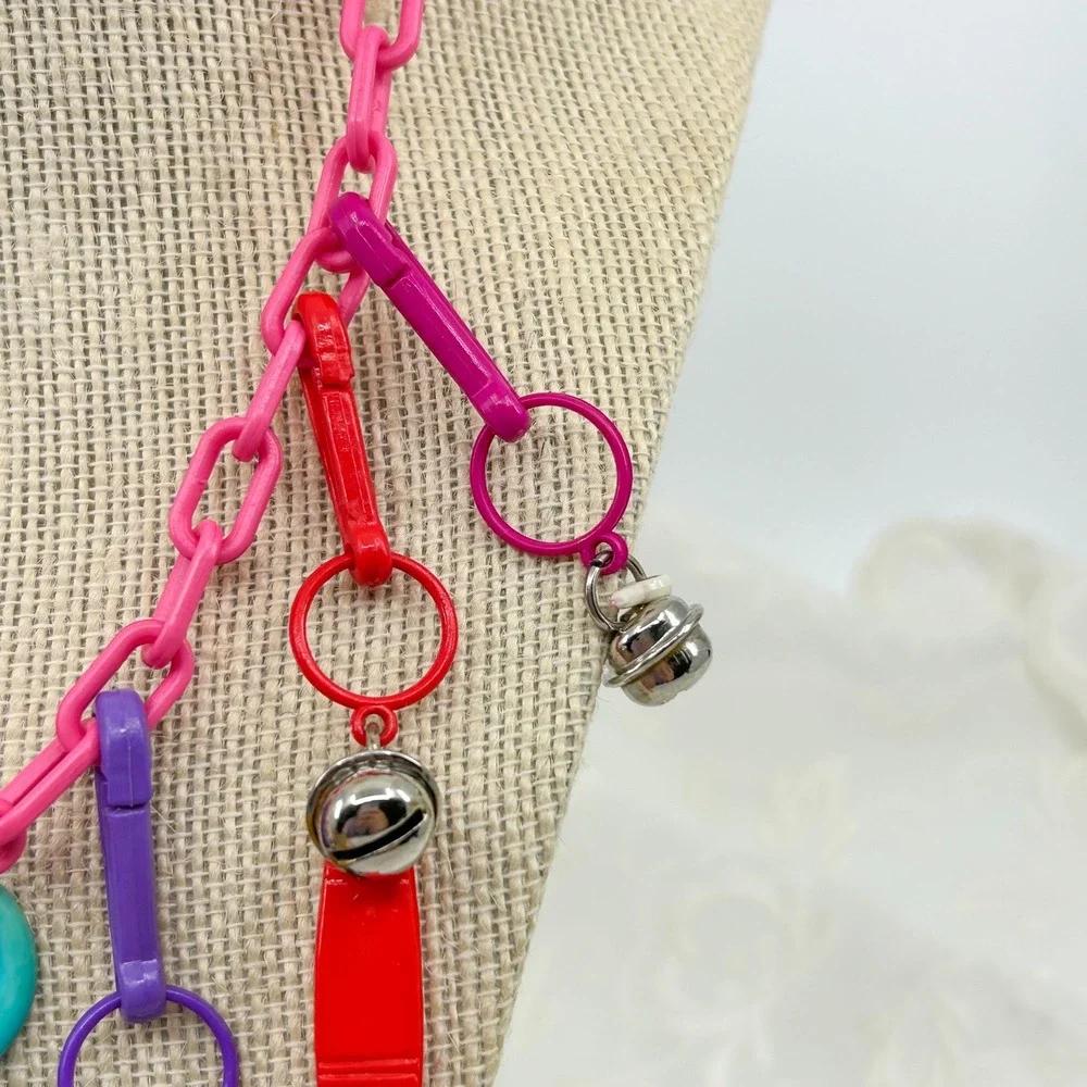 Vintage 80s Plastic Charms Clip and Bell Necklace Pink Chain Funky Colorful Toy - Picture 4 of 13